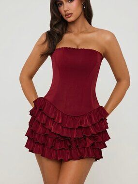 fitted lace wedding dress Baila Structured Tulip Mini Dress in Scarlet Red